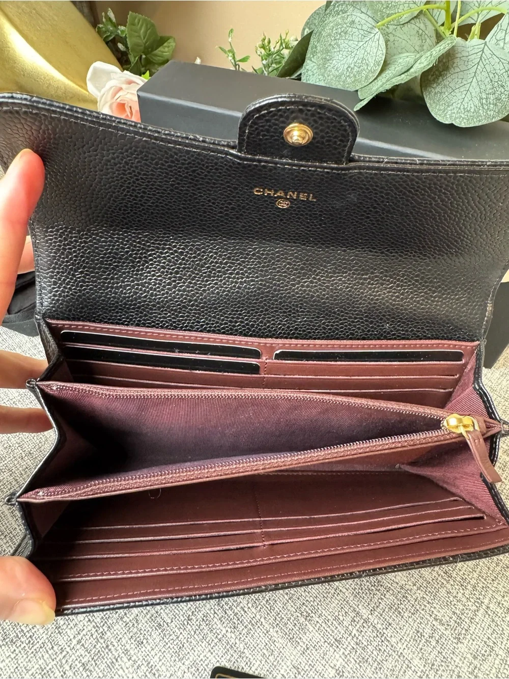 NCHANEL Black Quilted Caviar Leather Caviar Long Flap Wallet Black with Gold CC